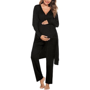 image:imageSWOMOG Maternity Nursing Robe Set 3 Piece Postpartum Breastfeeding Pajamas 3 in 1 Hospital Labor Delivery Pregnancy PjsBlack Greypants