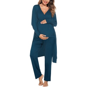 image:imageSWOMOG Maternity Nursing Robe Set 3 Piece Postpartum Breastfeeding Pajamas 3 in 1 Hospital Labor Delivery Pregnancy PjsOxford Bluepants