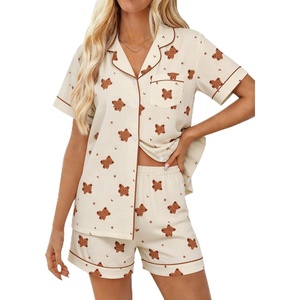 image:imageSWOMOG Women 2 Piece Pajamas Sets Short Sleeve Pj Sets Cute Printed Sleepwear Button Down Shirt with Lounge Shorts SetBear Beige