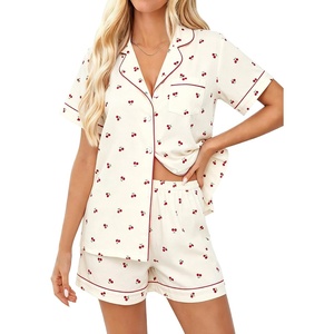 image:imageSWOMOG Women 2 Piece Pajamas Sets Short Sleeve Pj Sets Cute Printed Sleepwear Button Down Shirt with Lounge Shorts SetBeige Cherry
