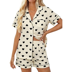 image:imageSWOMOG Women 2 Piece Pajamas Sets Short Sleeve Pj Sets Cute Printed Sleepwear Button Down Shirt with Lounge Shorts SetBeige Heart