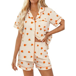 image:imageSWOMOG Women 2 Piece Pajamas Sets Short Sleeve Pj Sets Cute Printed Sleepwear Button Down Shirt with Lounge Shorts SetBeige Orange