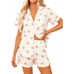 image:imageSWOMOG Women 2 Piece Pajamas Sets Short Sleeve Pj Sets Cute Printed Sleepwear Button Down Shirt with Lounge Shorts SetBeige Strawberry