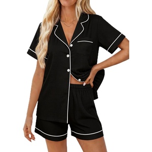 image:imageSWOMOG Women 2 Piece Pajamas Sets Short Sleeve Pj Sets Cute Printed Sleepwear Button Down Shirt with Lounge Shorts SetBlack