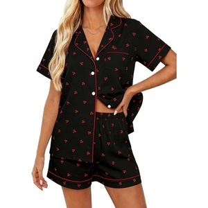 image:imageSWOMOG Women 2 Piece Pajamas Sets Short Sleeve Pj Sets Cute Printed Sleepwear Button Down Shirt with Lounge Shorts SetCherry Black