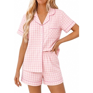 image:imageSWOMOG Women 2 Piece Pajamas Sets Short Sleeve Pj Sets Cute Printed Sleepwear Button Down Shirt with Lounge Shorts SetLight Pink Plaid