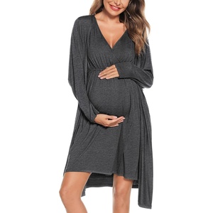 image:imageSWOMOG Women Maternity Nursing Gown and Robe Set 3 in 1 Labor Delivery Nursing Nightgown for Breastfeeding Hospital BathrobeDark Grey
