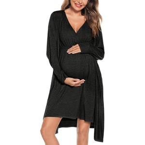 image:imageSWOMOG Women Maternity Nursing Gown and Robe Set 3 in 1 Labor Delivery Nursing Nightgown for Breastfeeding Hospital BathrobeDeep Black Grey