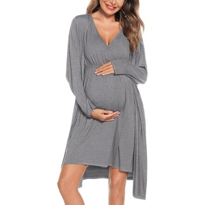 image:imageSWOMOG Women Maternity Nursing Gown and Robe Set 3 in 1 Labor Delivery Nursing Nightgown for Breastfeeding Hospital BathrobeGrey