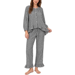 image:imageSWOMOG Womens 100 Cotton Ruffle Pajama SetBlack White Plaid