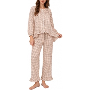 image:imageSWOMOG Womens 100 Cotton Ruffle Pajama SetBrown Plaid