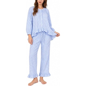 image:imageSWOMOG Womens 100 Cotton Ruffle Pajama SetLight Blue Plaid