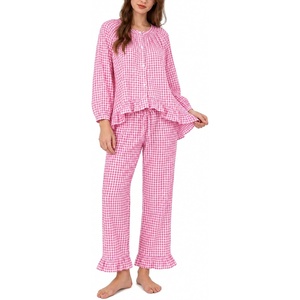 image:imageSWOMOG Womens 100 Cotton Ruffle Pajama SetPink Plaid