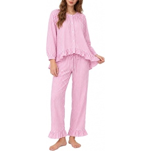 image:imageSWOMOG Womens 100 Cotton Ruffle Pajama SetPink Striped