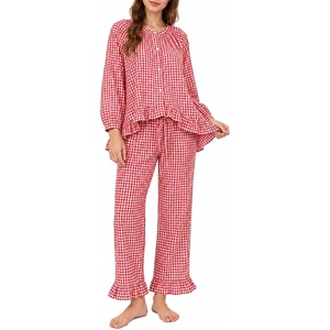 image:imageSWOMOG Womens 100 Cotton Ruffle Pajama SetRed White Plaid