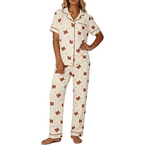 image:imageSWOMOG Womens 2 Piece Pajama Sets Shorts Sleeve Pajamas Cute Pj Set Lounge Matching Pjs Button Shirt with Long PantsBeige Bear