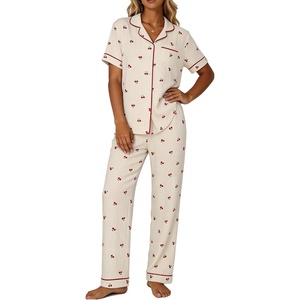 image:imageSWOMOG Womens 2 Piece Pajama Sets Shorts Sleeve Pajamas Cute Pj Set Lounge Matching Pjs Button Shirt with Long PantsBeige Cherry