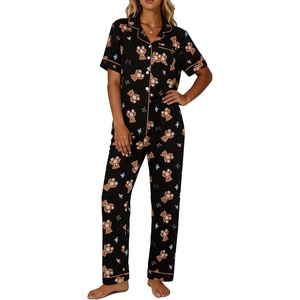 image:imageSWOMOG Womens 2 Piece Pajama Sets Shorts Sleeve Pajamas Cute Pj Set Lounge Matching Pjs Button Shirt with Long PantsBlack Brown Bear