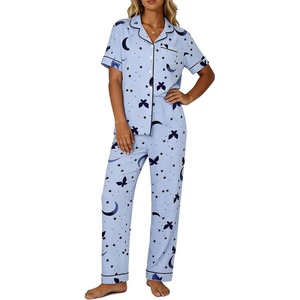 image:imageSWOMOG Womens 2 Piece Pajama Sets Shorts Sleeve Pajamas Cute Pj Set Lounge Matching Pjs Button Shirt with Long PantsBlue Butterfly