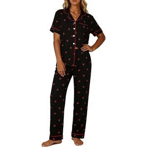 image:imageSWOMOG Womens 2 Piece Pajama Sets Shorts Sleeve Pajamas Cute Pj Set Lounge Matching Pjs Button Shirt with Long PantsCherry Black