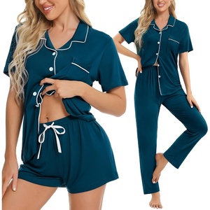 image:imageSWOMOG Womens 3pcs Button Down Pajamas Set Short Sleeve Sleepwear Bride Pj Lounge Set with Long PantsOxford Blue