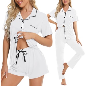 image:imageSWOMOG Womens 3pcs Button Down Pajamas Set Short Sleeve Sleepwear Bride Pj Lounge Set with Long PantsWhite