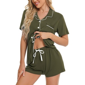 image:imageSWOMOG Womens Button Down Pajamas Set Short Sleeve Sleepwear Bride Soft Pj Lounge Sets XS3XLArmy Green