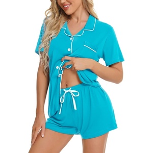 image:imageSWOMOG Womens Button Down Pajamas Set Short Sleeve Sleepwear Bride Soft Pj Lounge Sets XS3XLPeacock Blue