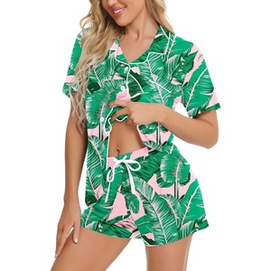 image:imageSWOMOG Womens Button Down Pajamas Set Short Sleeve Sleepwear Bride Soft Pj Lounge Sets XS3XLPink Leaves
