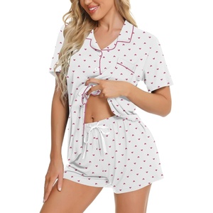 image:imageSWOMOG Womens Button Down Pajamas Set Short Sleeve Sleepwear Bride Soft Pj Lounge Sets XS3XLPink Polka Dot Hearts