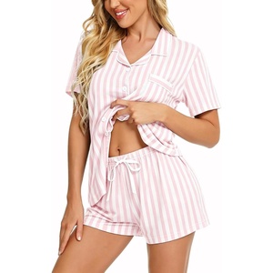image:imageSWOMOG Womens Button Down Pajamas Set Short Sleeve Sleepwear Bride Soft Pj Lounge Sets XS3XLPink Vertical Stripes