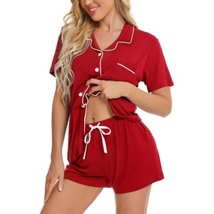 image:imageSWOMOG Womens Button Down Pajamas Set Short Sleeve Sleepwear Bride Soft Pj Lounge Sets XS3XLRed