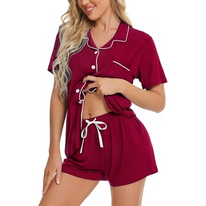 image:imageSWOMOG Womens Button Down Pajamas Set Short Sleeve Sleepwear Bride Soft Pj Lounge Sets XS3XLWine Red