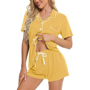 image:imageSWOMOG Womens Button Down Pajamas Set Short Sleeve Sleepwear Bride Soft Pj Lounge Sets XS3XLYellow