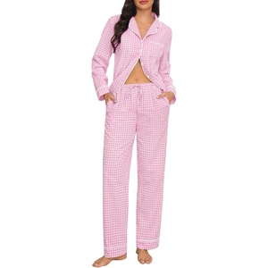 image:imageSWOMOG Womens Cotton Pajama Sets Long Sleeve Button Down Striped Sleep SetPink Gingham