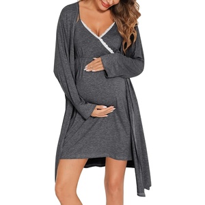 image:imageSWOMOG Womens Maternity Robe 2 Piece Nursing Nightgown for Breastfeeding 3 in 1 Labor Delivery Nursing Dress Lace BathrobeAdark Gray