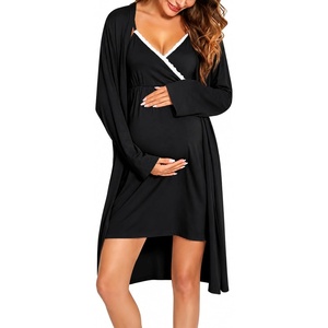image:imageSWOMOG Womens Maternity Robe 2 Piece Nursing Nightgown for Breastfeeding 3 in 1 Labor Delivery Nursing Dress Lace BathrobeBlack