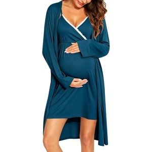 image:imageSWOMOG Womens Maternity Robe 2 Piece Nursing Nightgown for Breastfeeding 3 in 1 Labor Delivery Nursing Dress Lace BathrobeBlue Green
