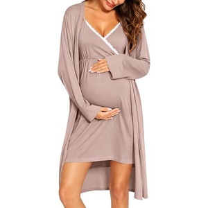 image:imageSWOMOG Womens Maternity Robe 2 Piece Nursing Nightgown for Breastfeeding 3 in 1 Labor Delivery Nursing Dress Lace BathrobeLight Brown
