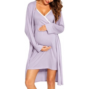 image:imageSWOMOG Womens Maternity Robe 2 Piece Nursing Nightgown for Breastfeeding 3 in 1 Labor Delivery Nursing Dress Lace BathrobeLilac