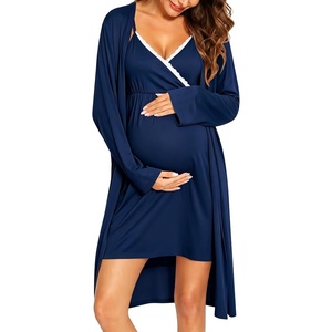 image:imageSWOMOG Womens Maternity Robe 2 Piece Nursing Nightgown for Breastfeeding 3 in 1 Labor Delivery Nursing Dress Lace BathrobeNavy Blue