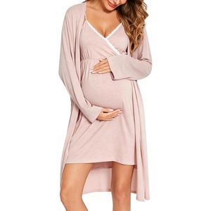 image:imageSWOMOG Womens Maternity Robe 2 Piece Nursing Nightgown for Breastfeeding 3 in 1 Labor Delivery Nursing Dress Lace BathrobeOatmeal Ash