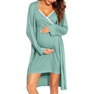 image:imageSWOMOG Womens Maternity Robe 2 Piece Nursing Nightgown for Breastfeeding 3 in 1 Labor Delivery Nursing Dress Lace BathrobeSage Green