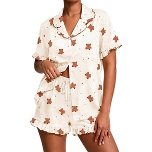 image:imageSWOMOG Womens Pajama Sets Cute Ruffle Matching PJs Sleepwear Button Down Short Sleeve Loungewear 2 Piece PJ SetBear Beige
