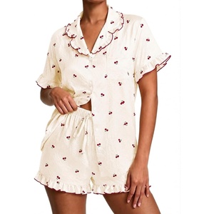 image:imageSWOMOG Womens Pajama Sets Cute Ruffle Matching PJs Sleepwear Button Down Short Sleeve Loungewear 2 Piece PJ SetBeige Cherry