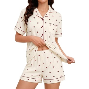 image:imageSWOMOG Womens Pajama Sets Cute Ruffle Matching PJs Sleepwear Button Down Short Sleeve Loungewear 2 Piece PJ SetBeige Cherry1