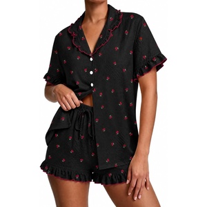 image:imageSWOMOG Womens Pajama Sets Cute Ruffle Matching PJs Sleepwear Button Down Short Sleeve Loungewear 2 Piece PJ SetCherry Black
