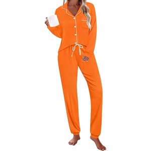 image:imageSWOMOG Womens Pajamas Set Long Sleeve Sleepwear Button Down Nightwear Soft Joggers PJs Sets with Pockets Lounge Sets Orange
