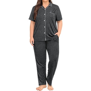 image:imageSWOMOG Womens Plus Size Pajama Set Short Sleeve Sleepwear Top and Pants Button Up Pajamas for Women LoungewearDeep Grey