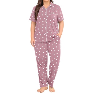image:imageSWOMOG Womens Plus Size Pajama Set Short Sleeve Sleepwear Top and Pants Button Up Pajamas for Women LoungewearHeart
